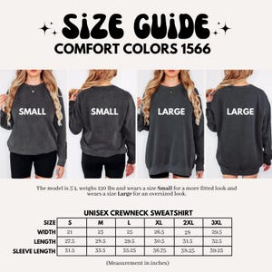Size guide for Comfort Colors 1566 unisex crewneck sweatshirt.