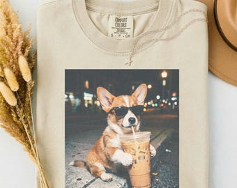 Comfort Colors® Funny Corgi Drinking Iced Coffee Shirt, Funny Dog Lover Gift, Corgi Mom Tee, Dog Meme Graphic, Trendy Pet Shirt, Dog Mom Tee