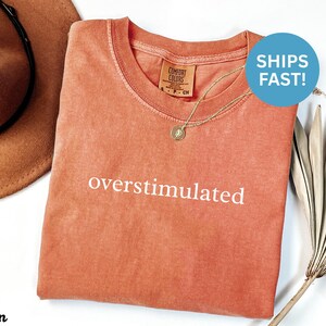 Puede incluir: Una camiseta de color coral con la palabra "overstimulated" impresa en blanco. La camiseta tiene cuello redondo y una peque&ntilde;a etiqueta en el cuello. Un collar dorado con un colgante est&aacute; drapeado sobre la camiseta. Un sombrero marr&oacute;n es visible en el fondo.