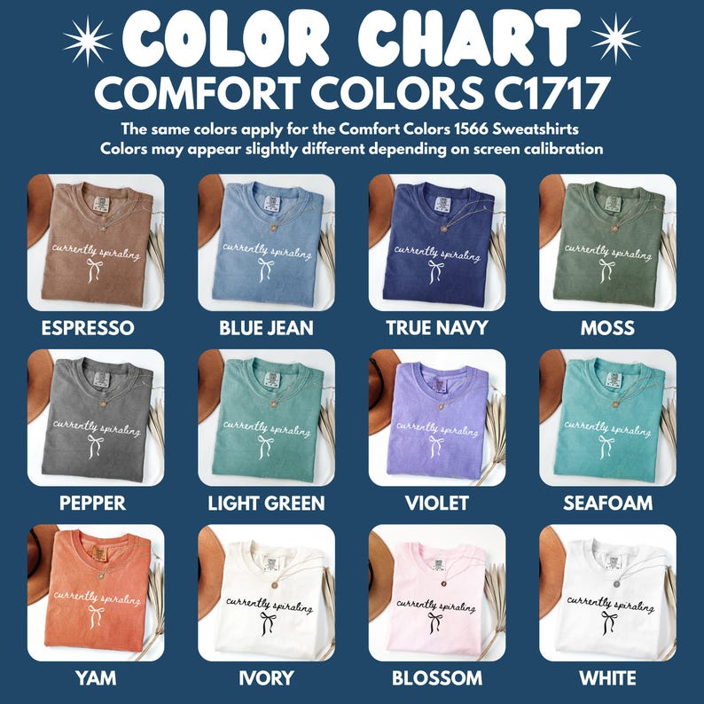 Color Chart Comfort Colors C1717, 1566 Sweatshirt Colors, Custom Shirt Color Choices, Color Options for Sweatshirts, Tee Shirts