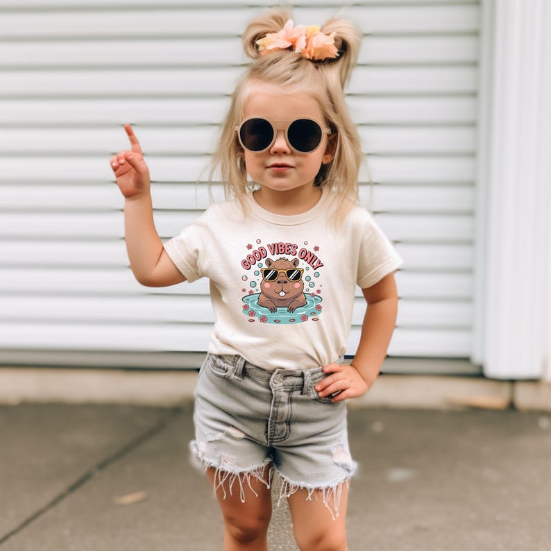 May include: A child wearing a cream-colored t-shirt with the text "GOOD VIBES ONLY" and a graphic of a cartoon beaver wearing sunglasses in water. The child is also wearing gray shorts and sunglasses.