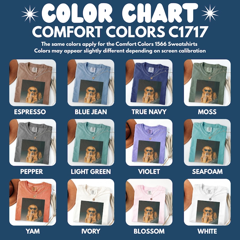 Comfort Colors C1717 t-shirt color chart swatch examples.