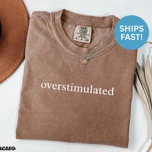 Puede incluir: Camiseta color espresso con la palabra "overstimulated" impresa en blanco. La camiseta tiene cuello redondo y mangas cortas. Un collar plateado con un peque&ntilde;o colgante est&aacute; drapeado sobre la camiseta. Un sombrero marr&oacute;n es visible en el fondo.