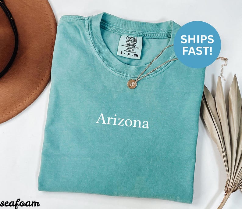 May include: Seafoam green t-shirt with the word "Arizona" printed in white. The shirt has a crew neck and short sleeves. A gold necklace with a pendant is on the shirt. A brown hat is in the background.