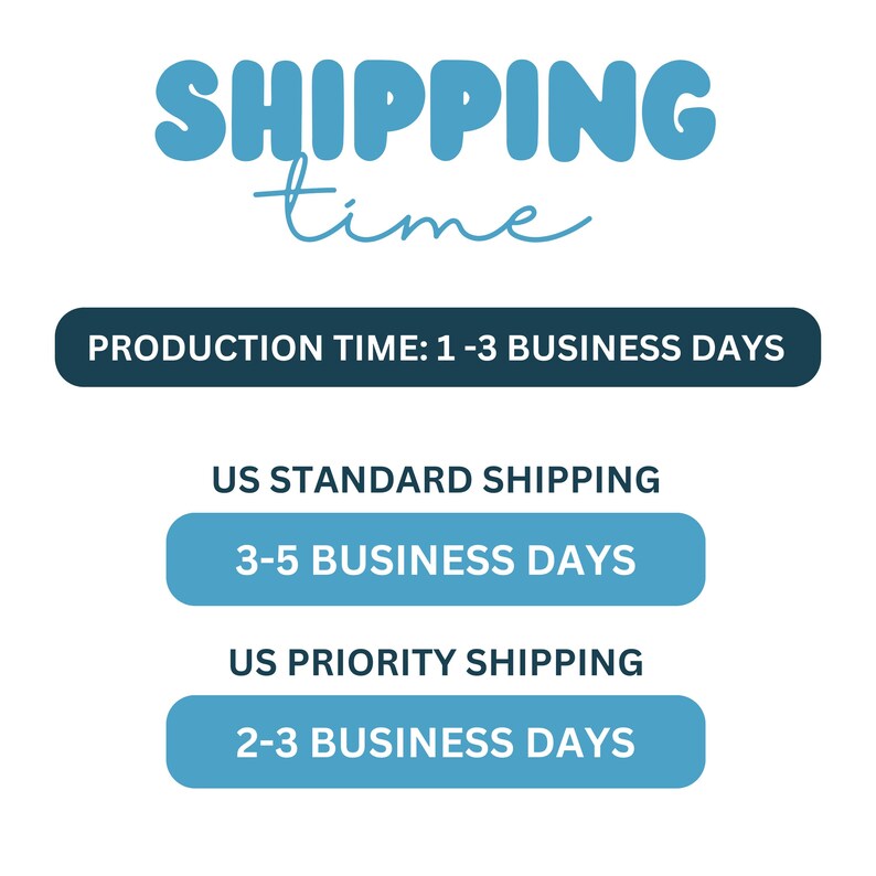 May include: White background with the words "SHIPPING time" in light blue script. Below, a dark blue rectangle states "PRODUCTION TIME: 1-3 BUSINESS DAYS." Two light blue rectangles below state "US STANDARD SHIPPING" and "US PRIORITY SHIPPING."
