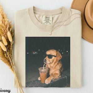 Comfort Colors® Golden Retriever Drinking Iced Coffee Shirt, Funny Dog Mom Gift, Dog Meme Graphic Tee, Cute Pet Owner Shirt, Funny Shirt