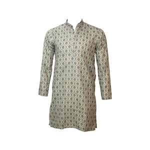 May include: A long-sleeved tunic in a neutral color palette with a repeating geometric pattern. The tunic has a mandarin collar and a buttoned placket. The fabric appears to be lightweight, suitable for warmer weather.