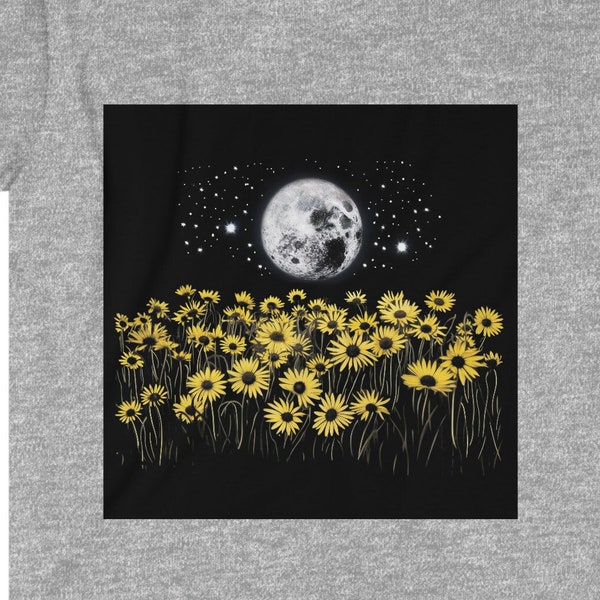 Moonlit Feld der gelben Blumen - Romantische Nachtszene - Softstyle Herren Damen Damen Ringgesponnene Baumwolle T-Shirt Unisex Erwachsene Größen