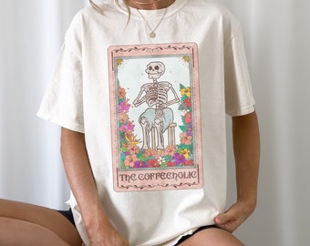 Tarot Shirt The Coffeeholic - Womens Coffee Shirt Coffee Lover Gift Funny Coffee Tee Skeleton Tarot Shirt Tarot Deck Fall Clothing for Women
