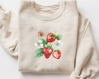 Moletom vintage de morango, estética cottagecore, camiseta feminina fofa, camiseta de frutas de verão, camisa de morango para ela