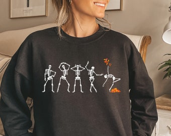 Dancing Skeleton Sweatshirt, Pumpkin Sweater, Fall Sweater, Pumpkin Skeleton Shirt, Fall Sweatshirt, Halloween Party Sweatshirt, Fall Leaves