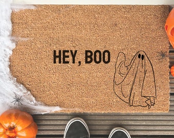 Halloween Doormat "HEY, BOO" with Ghost 24x16 Outdoor Doormat