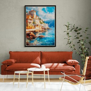 Beautiful Greek Seascape Landscape Oil Painting, Classic Europe Wall Art, European Greece - PRINTABLE DOWNLOAD