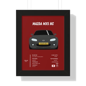 May include: A black Mazda MX5 NC sports car with the text "YOUR REG" on the number plate. The car is on a red background with white text outlining the car's specifications, including the year, engine, power, torque, weight, 0-60 mph time, top speed, and drivetrain.