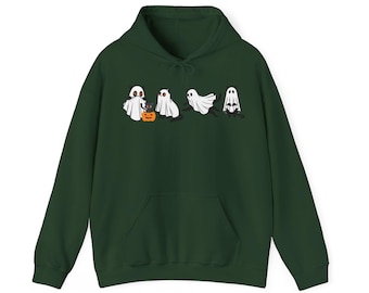 May include: Dark green hoodie with a front pocket and drawstring hood. The hoodie features a cartoon design of four ghosts in different poses, with a jack-o'-lantern. A Halloween-themed apparel item.