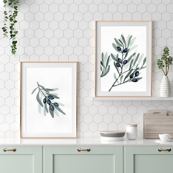 Large Wall Art Piece Wall Art Set of 2 Minimalist Artwork Watercolor Painting Olive Branch Botanical Print Poster Plant Leaf Kitchen Decor