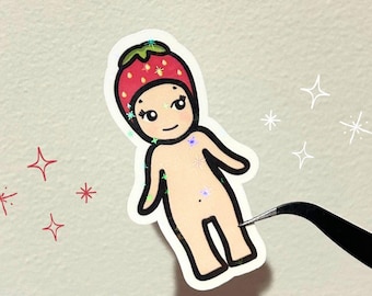 sonny angel aardbei fruit glitter vinylsticker | waterdicht en krasbestendig | voor laptop, bidon, koptelefoon, telefoon, auto