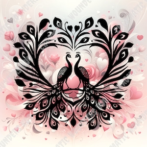 Clipart paon d'amour, art numérique, Svg, Png, Jpg, Eps, Pdf, noir et blanc