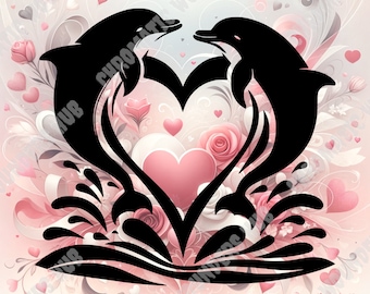 Dolphin Heart Clipart, Digital Art, Svg, Png, Jpg, Eps, Pdf, Black and White