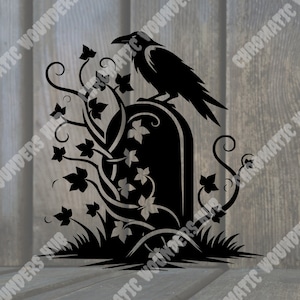 Raven en grafsteen clipart, digitale kunst, SVG, PNG, Jpg, EPS, PDF, zwart en wit