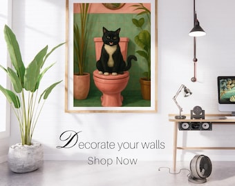 Funny Cat Bathroom Wall Art , Tuxedo Cat on Toilet Poster, Whimsical Printable Bathroom Decor , Bathroom Cat Print, Funny Posters