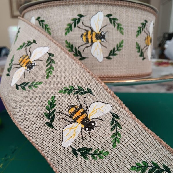 Bees! Bee farmhouse ribbon on "burlap" type base, 2.5" wired ribbon.