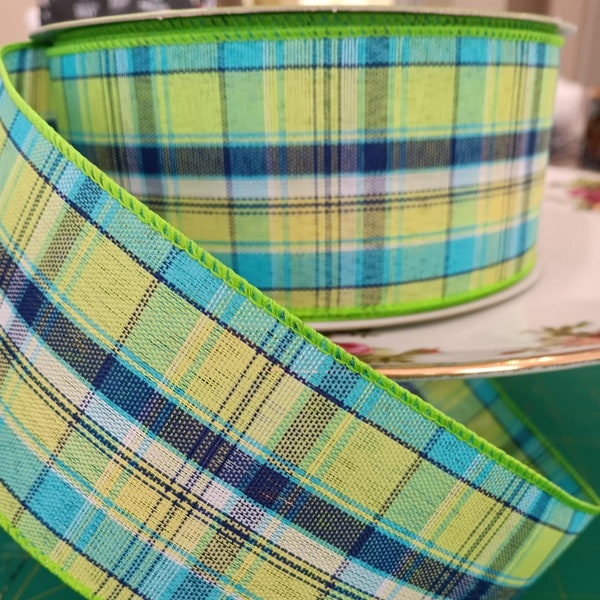 Green, blue, white plaid 2.5" wired ribbon for wreaths, floral arrangements and crafts.