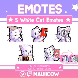 5 White Cat Emotes (Digital Download)