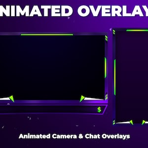 Può includere: Sovrapposizioni animate per telecamera e chat per lo streaming. Le sovrapposizioni sono viola con accenti verdi. La sovrapposizione della telecamera ha una piccola icona di una persona nell'angolo in basso a sinistra e un segno del dollaro nell'angolo in basso a destra. La sovrapposizione della chat è un rettangolo verticale.