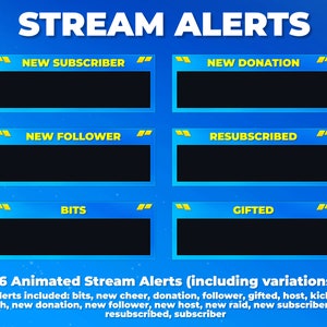 Blue and Yellow Animated Stream Alerts Pack - Animated Twitch Alerts Subscriber, Follower, Donation