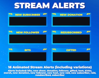 Blau und Gelb Animierte Stream Alarme Paket - Animierte Twitch Alarme Abonnenten, Follower, Donation