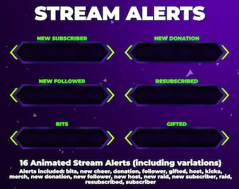 Purple and Green Stream Alerts Pack - Animated Alerts - Twitch - New Donation - New Subscriber - New Follower - Raid - Host