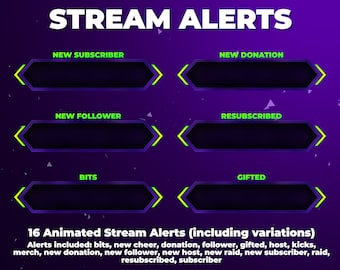 Purple and Green Stream Alerts Pack - Animierte Benachrichtigungen - Twitch - Neue Spende - Neuer Abonnent - Neuer Anhänger - Raid - Host