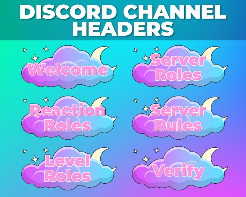 Pink, Purple & Blue Discord Channel Header Package Gradient Cloud Design With Pink Text for