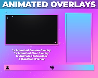 Animierte Stream Overlays in Blau, Lila und Pink - Camera & Chat Overlay