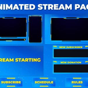 Blau und Gelbes Stream Paket - Animiertes Twitch Stream Paket - Kamera Overlay, Stream Bildschirm, Stinger, Stream Alarme