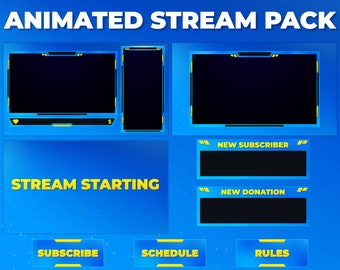 Blau und Gelbes Stream Paket - Animiertes Twitch Stream Paket - Kamera Overlay, Stream Bildschirm, Stinger, Stream Alarme