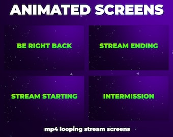 Animierte Lila und Grüne Stream Screens - Twitch - YouTube - Stream starten - Stream beenden - Pause - Be Right Back - Offline