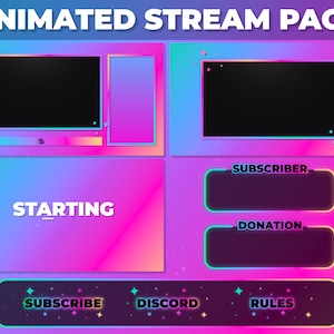 Puede incluir: Paquete de transmisión animado con un fondo degradado rosa, azul y morado. El paquete incluye una pantalla de inicio, una alerta de suscripción, una alerta de donación, un botón de suscripción, un botón de Discord y un botón de reglas.