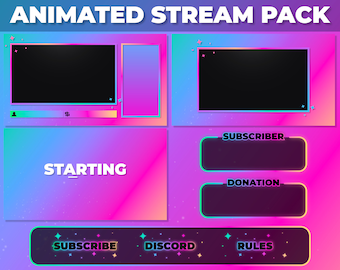 Animiertes Regenbogen Neon Stream Paket für Twitch - Kamera Overlay, Chat Overlay, Monitore & Panels