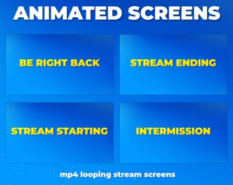 Animierte blaue und gelbe Stream Screens - Be Right Back, Stream Beginning, Stream Ending, Intermission