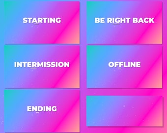 Animierte Bildschirme in Blau, Pink und Lila für Stream - Beginnend, Ende, Pause, Be Right Back, Offline