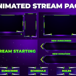 Może przedstawiać: Animowany pakiet streamingu z fioletowym tłem i zielonymi akcentami. Zawiera dużą ramkę ekranu, mniejszą ramkę ekranu, ekran rozpoczęcia streamingu, powiadomienie o nowym subskrybencie, powiadomienie o nowej darowiznie, przycisk subskrypcji, przycisk harmonogramu i przycisk zasad.