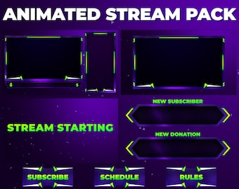 Animiertes Lila und Grünes Stream Paket - Twitch, YouTube, Overlay Pack, Camera Overlay, Chat Overlay, Chat Border - Streaming Pack