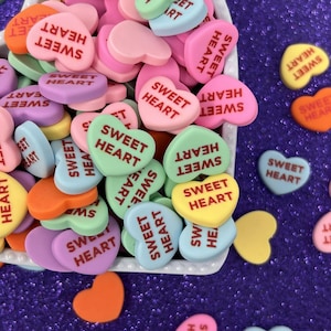 14pc Miniature Sweetheart Rainbow Heart Candy, Candy Heart Charm, Flatback, Resin Cabochon, Faux Candy, Flat Back, Valentines Day Resin