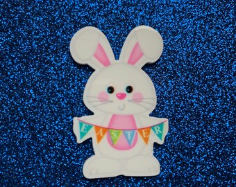 5 Stück Frohe Ostern, weißes Kaninchen, Osterei, flache Rückseite, Harz, Cabochon, Schleife in der Mitte, flache Rückseite, weißes Kaninchen, Hase