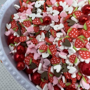 May include: A heart-shaped bowl filled with colorful polymer clay sprinkles. The sprinkles include red strawberries with green tops, white and pink hearts, brown hearts, and shiny red spheres. These are ideal for crafting and decorating.