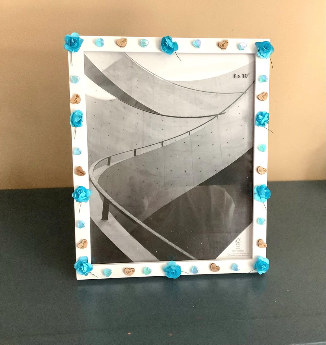 Handmade Blue Rose Picture Frame, Embellished White Wood, 8x10 - Etsy