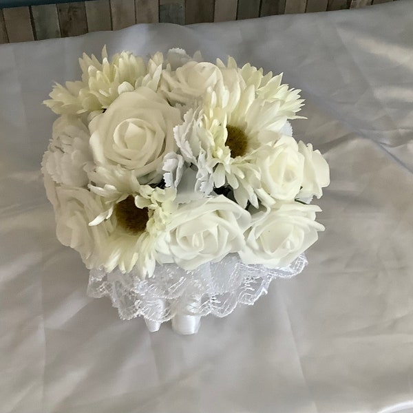 silk Gerber daisy and real touch white roses and carnations bridal bouquet