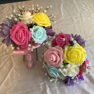Set of 2 multi color rose and baby’s breath wedding bouquets